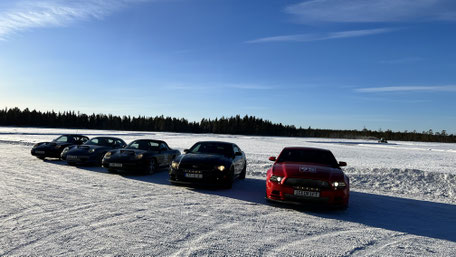mehrere Ford Mustangs auf gefrorenem See bei blauem Himmel