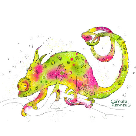 lustiges Chamäleon in grün, gelb und pink - happy painting - cornelia renner