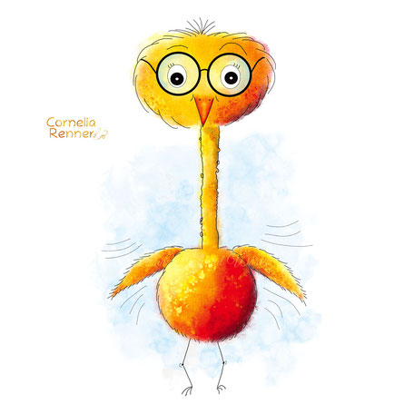 lustiger Vogel in gelb, orange und rot mit Brille und kurzen Flügeln - Cornelia Renner