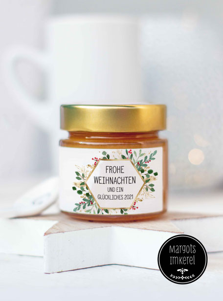 Ein kleines Geschenk zu Weihnachten - für Kunden, Mitarbeiter, Freunde und Nachbarn. Köstlicher Honig im hübschen Geschenkglas.