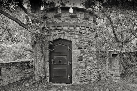 Eingang-zum-Turm-auf-Schloss-Dhaun-monochrome