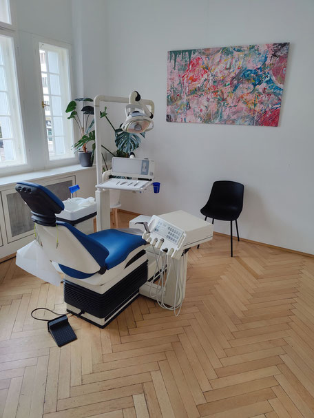 Behandlungszimmer 1 der Zahnarztpraxis Doumit mit Blick auf den blauen Behandlungsstuhl. An der Wand hängt ein Bild und in der Ecke stehen zwei Grünpflanzen.