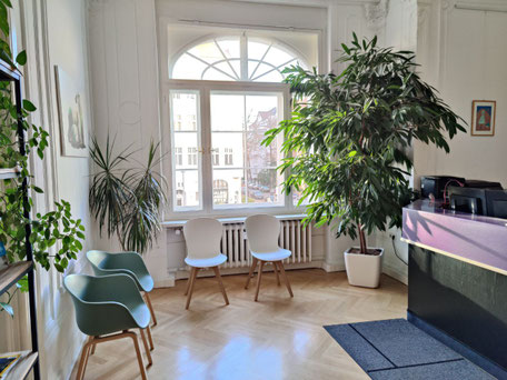 Waiting room at Doumit Dental Practice in Berlin-Friedenau with reception area, chairs, and a large plant.