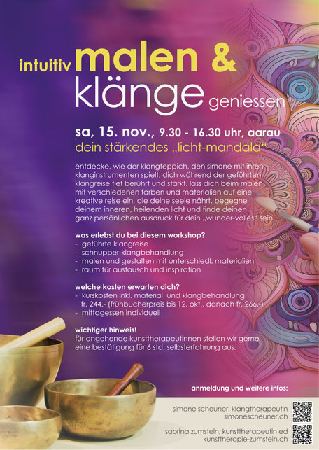 Flyer für den Tages-Workshop ‚Dein stärkendes Licht-Mandala‘ mit Simone Scheuner & Sabrina Zumstein in Aarau