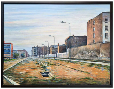 Zimmerstraße in Berlin-Mitte Anfang der 90er Jahre. Öl auf Leinwand, 70x90 cm, gemalt 2024. 1250 €