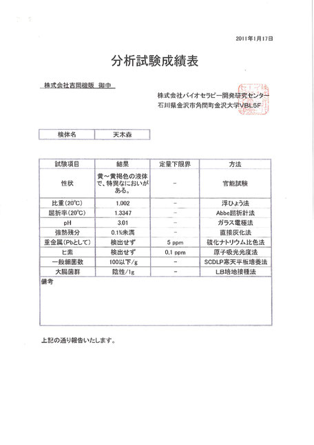 「天木森」は各種分析試験で安全を確認しております。