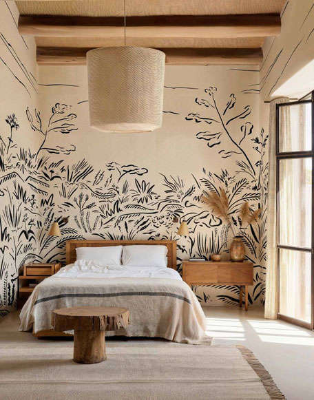 Panoramique paysage abstrait, noir et blanc, pour une ambiance repos connectée à la nature dans la chambre parents. Idées déco  tendance 2025 et 2026.