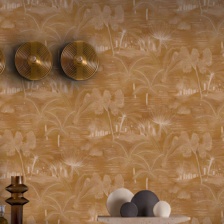 Papier peint panoramique forêt, Casamance Baharia, couleur ocre jaune. Décoration originale et tendance autour de Nantes, St Nazaire, Sucé sur Erdre, La Chapelle sur Erdre, Couëron…