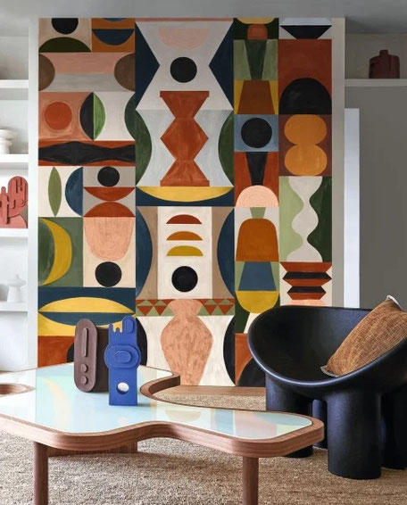 Papier peint panoramique abstrait géométrique pour une déco vintage, moderne et tendance, pour la pièce de vie de votre maison à proximité de Nantes, Sautron, Vigneux de Bretagne.
