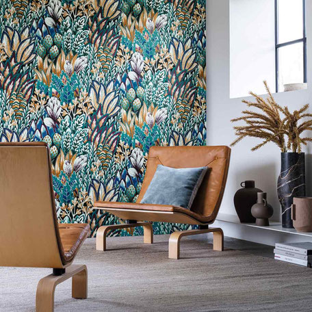 Papier peint tendance 2025 2026, motif végétal ou fleuris, pour une décoration murale originale de votre votre salon séjour ou entrée, la rénovation de votre maison ou appartement