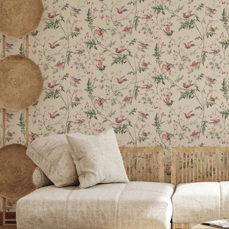 papier peint Cole & Son Hummingbirds, déco bohème chic, couleur beige, blanc cassé