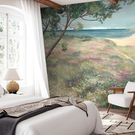 Déco murale bohème chic ou campagne chic, romantique chic, hippie chic à proximité de Nantes. Les couleurs beige et terracotta éveillent le noir et blanc de ce panoramique Isidore Leroy. 