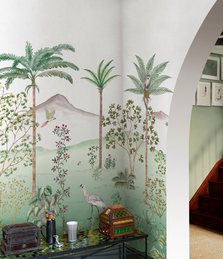 Tapisserie panoramique 2025, déco tendance hippie chic, couleurs nature, rose, beige et vert , Photowall