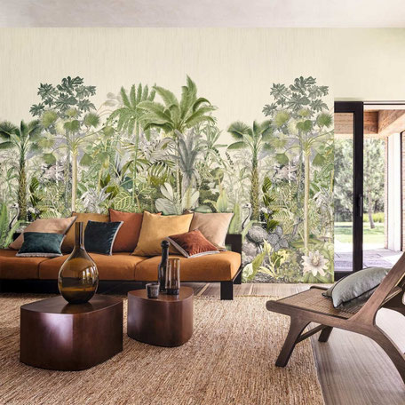 Papier peint panoramique nature jungle Casamance pour une décoration murale tendance 2024 ou 2025 dans la chambre adultes, salon, salle à manger, cuisine, couloir, escalier, entrée...