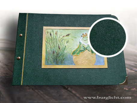 Individuelles Schraubalbum, Bucheinbandmaterial Bibliotheksleinen dunkelgrün, Beschläge goldfarben.