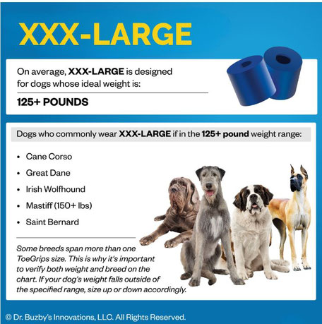 Größentabelle ToeGrips für sehr große Hunde mit über 56 kg Körpergewicht