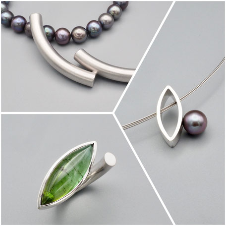 Perlenkette mit Wechselschließe in Silber, Ring in Silber mit grünem Turmalin und Anhänger in Silber mit Tahitiperle