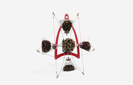 "EXPANDER" 2020  (pandemic brooch)  Steel, aluminium, silver, brass, nitrile, suede, liquidambar fruit, hard disk   15x15x5 cm. 46gr.