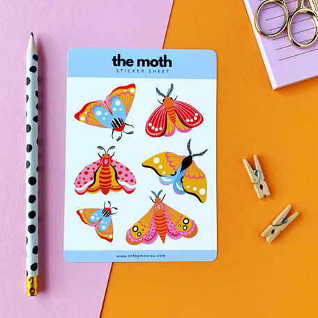 sticker sheet with 6 colorful moth illustrations