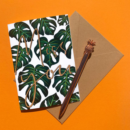 Monstera illustrated Miss You greeting card
