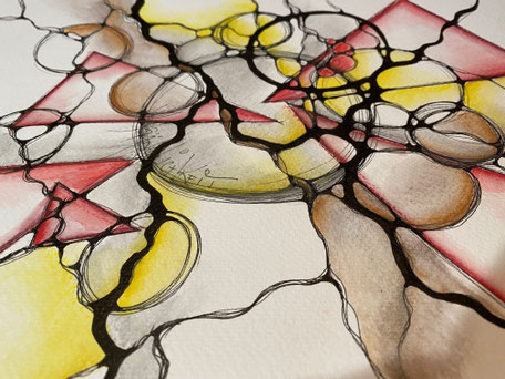 SoulGrafik Persönlichkeitsentwicklung mit Neurographik in Thun, Abstraktes SoulGrafik Bild in Braun,rot,Gelb tönen mit Dreiecken, Kreisen und den Verbindungslinien