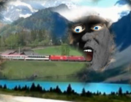 Eine Tunneleinfahrt in einer Modellbahn ist als Idee n Form eines menschlichen Gesichtes mit offenem Mund gestaltet.