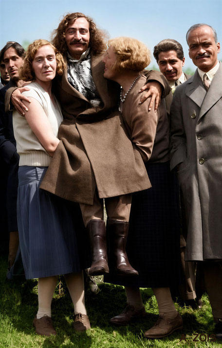 April 1932. Meher Baba being carried by Margaret Starr (left) & possibly Mrs Helmar, with Beheram S. Irani (far left), Adi K. Irani & Dr. Ghani at East Chalacombe, England. Ima ge rendition by Anthony Zois.
