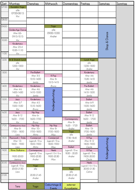 Stundenplan der Tanzschule Dietlikon. Tanz und Yoga für Anfänger und Fortgeschrittene. 