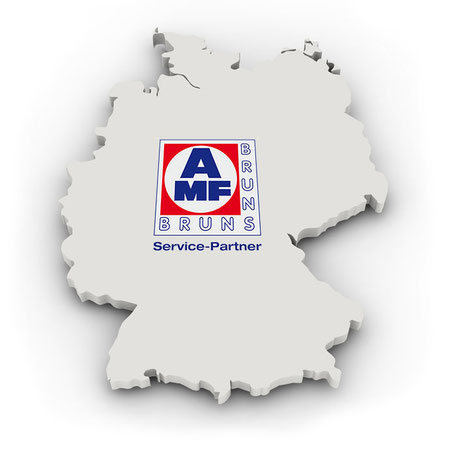 Eine leere Deutschlandkarte mit AMF-Bruns Logo.