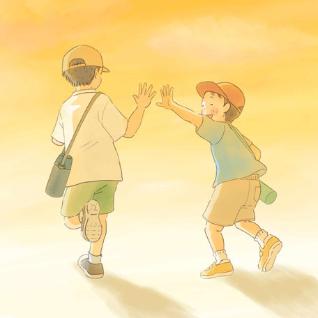 夕方にさよならの挨拶をしている小学生