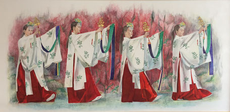 「浦安の舞」2018年(70×143㎝)　麻紙・岩絵の具