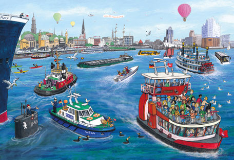 Hamburger Hafen, Landungsbrücken © Wolfgang Slawski, www.amarillu-design.de - Dieses fröhliche Wimmelbild zeigt den Blick auf die Elbe und den Hamburger Hafen mit den Landungsbrücken. Mit vielen Menschen, lustigen Details, Schiffen und der Skyline.