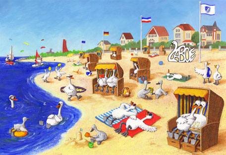 Laboe Strand © Wolfgang Slawski, www.amarillu-design.de - Der Strand in Laboe ist von den Schwänen bevölkert. Sie sitzen in Strandkörben, liegen gemütlich auf ihren Handtüchern oder genießen es im Meer zu baden.
