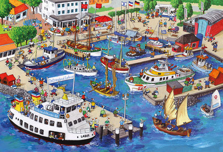 Laboe Hafen © Wolfgang Slawski, www.amarillu-design.de - Auf dieser wimmeligen Poster-Illustration siehst du den Laboer Hafen mit vielen Schiffen, den Fördedampfer, die Fischküche und viele fröhliche Schwäne, die sich am Hafen tummeln und vergnügen.