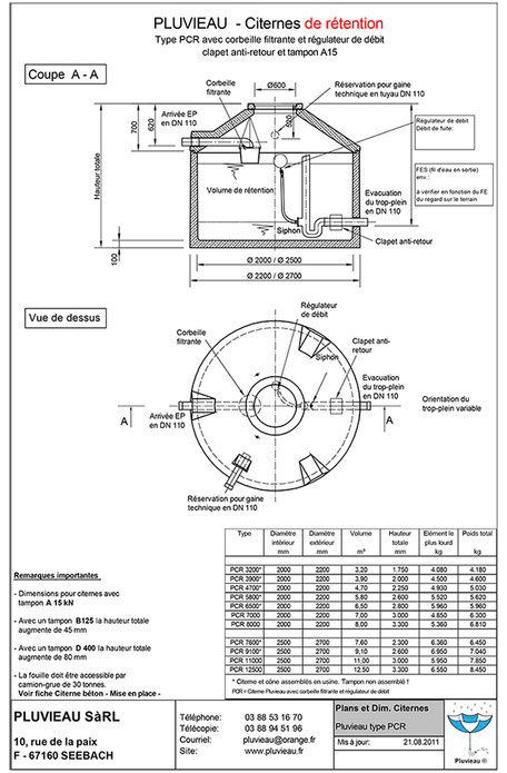 Citerne cuve de rétention des eaux pluviales en béton PLUVIEAU, avec limiteur de débit en sortie, filtre, siphon, clapet anti-retour