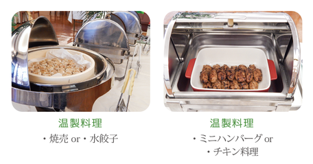 朝食バイキング。温製料理 焼売、ミニハンバーグなど