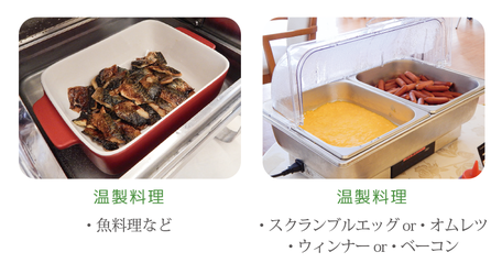 朝食バイキング。温製料理 魚料理、スクランブルエッグ、オムレツ、ウィンナーなど