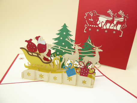 carte pop-up Père Noël en tournée de cadeaux pour envoyer en carte Joyeux Noël