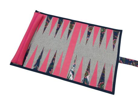 Backgammon Reisespiel zu Zusammenrollen floral pink blau