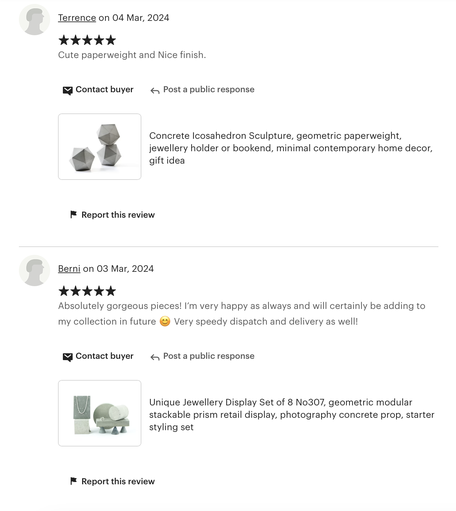 five star review for pasinga photo props and decor made from concrete 