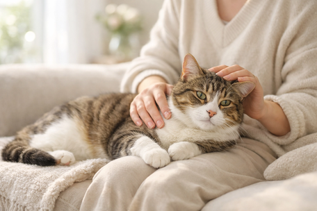 Entspannte Katze auf dem Sofa in Bad Harzburg– stressfreie Behandlung zu Hause durch Tierheilpraktiker