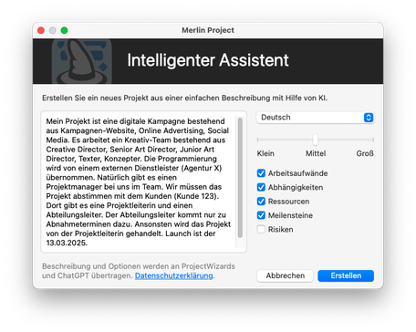 Briefing des Intelligenten Assistenten in Merlin Project 9