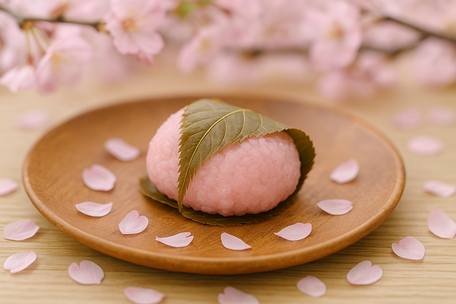 Close-up of sakura mochi wrapped in a cherry leaf with pink blossoms in the background.
