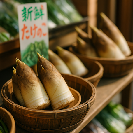 Fresh bamboo shoots and seasonal vegetables on display at a Japanese market.