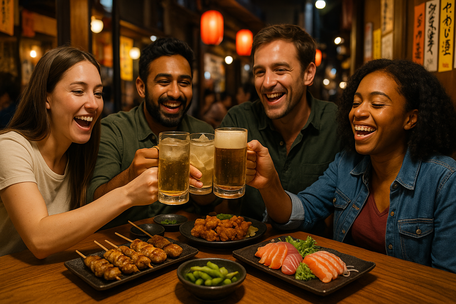 Foreign tourists at a lively izakaya in Tokyo, raising glasses of beer and highball for a toast, table filled with yakitori skewers, karaage, edamame, and sashimi, vibrant nightlife atmosphere.