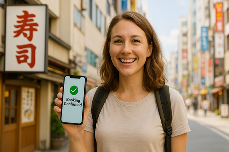 Happy tourist holding a smartphone with “Booking Confirmed” near a sushi restaurant in Tokyo, using an English-friendly booking service in Japan.