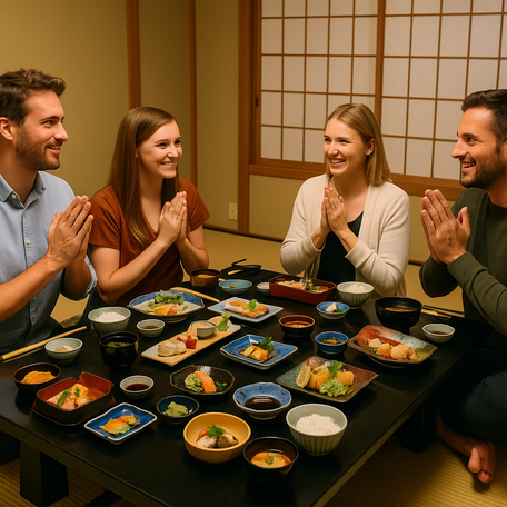 Traditional ryokan dining room with tourists enjoying kaiseki dinner.