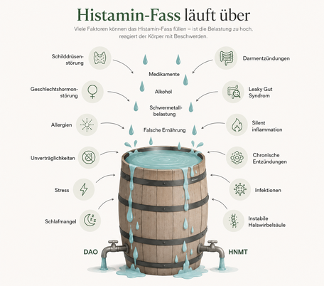 Modernes Histamin-Fass mit möglichen Ursachen eines Histaminüberschusses wie Darmentzündungen, Leaky Gut, Stress, Schlafmangel, Hormonstörungen und chronischen Entzündungen.