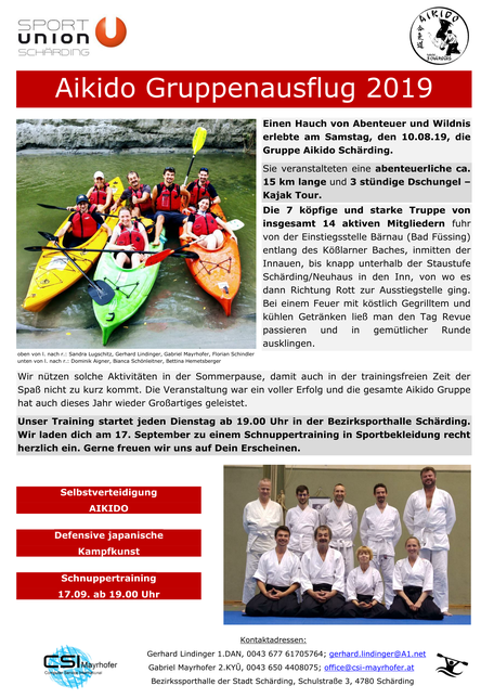 Aikido Schärding Schnupperkurs Flyer Kajak Gruppenausflug 2019 Sport Union Schärding Aikido, CSI Mayrhofer Gabriel Richard