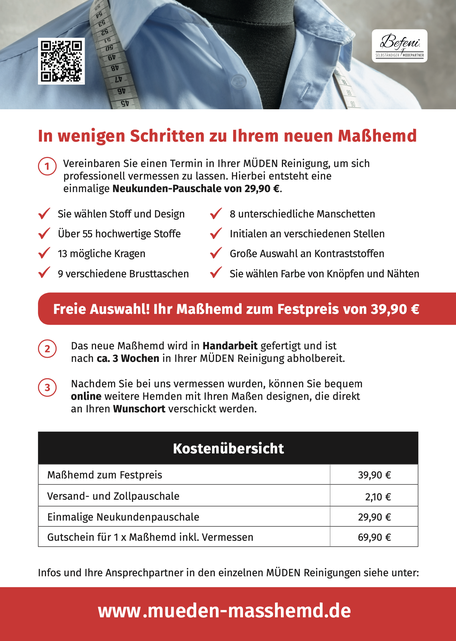 Versandreinigung-mueden.de, Masshemd, Befeni Werbeflyern Rückseite mit Preis